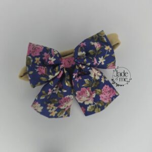 Dark Blue Headband with Pink Flowers