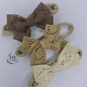 Lace Bows In Head Bands - Trio Set - Cream, Light Brown, Brown