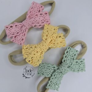 Lace Bows In Head Bands - Trio Set - Pink, Pistachio Green, Pastel Yellow