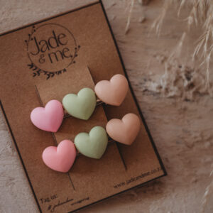 Three Heart Hair clip - Pink, green, brown