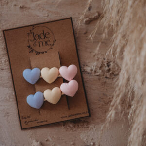 Three Hearts Hair Clips - Blue, Off White, Pink